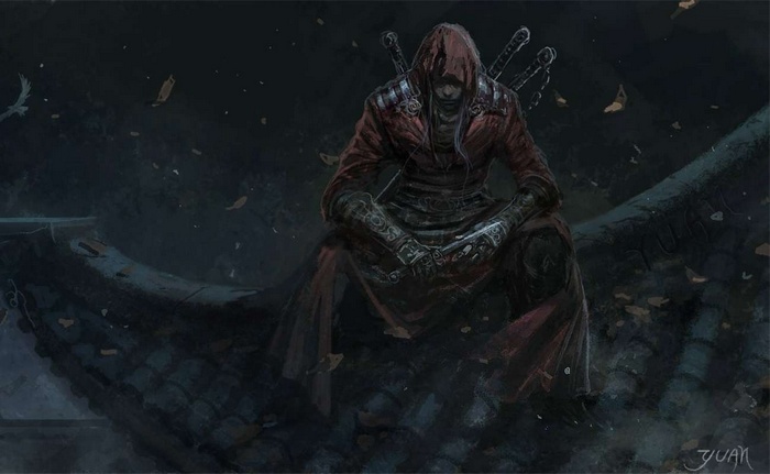 Hooded figure with swords on back sitting on roof