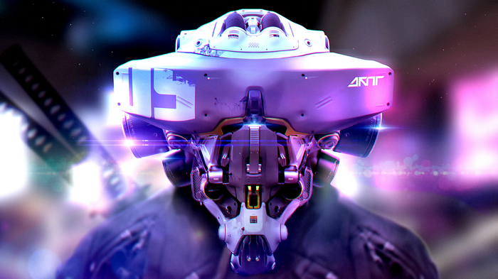 Robot with katana and VR headset