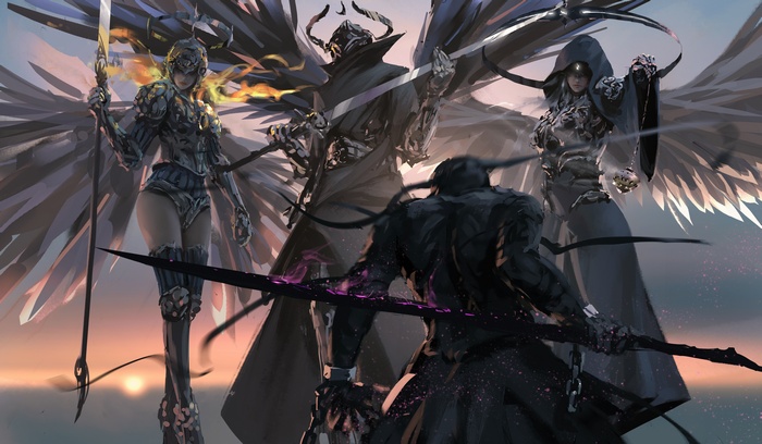 Four winged figures with swords and spears