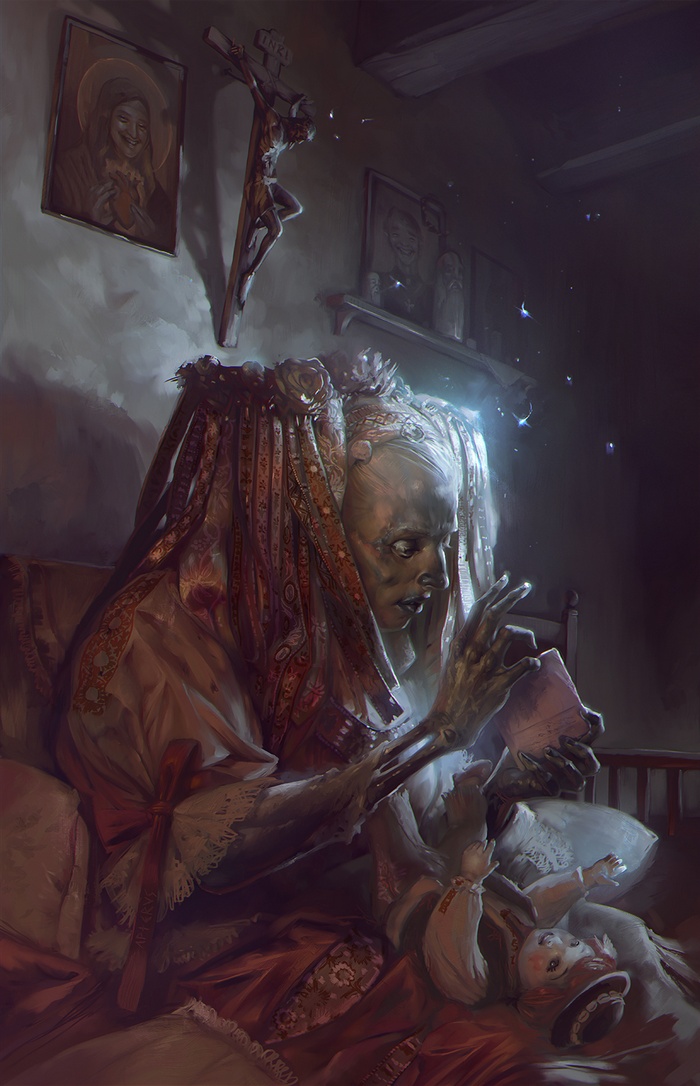 Horror drawing of a decaying woman with a doll