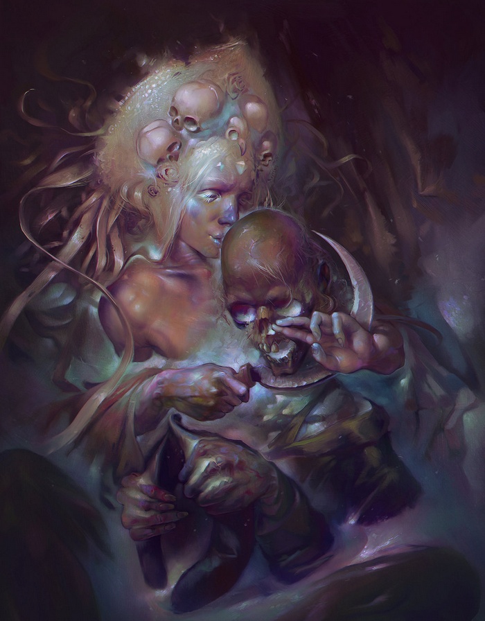 Woman with skulls in hair holding a skull
