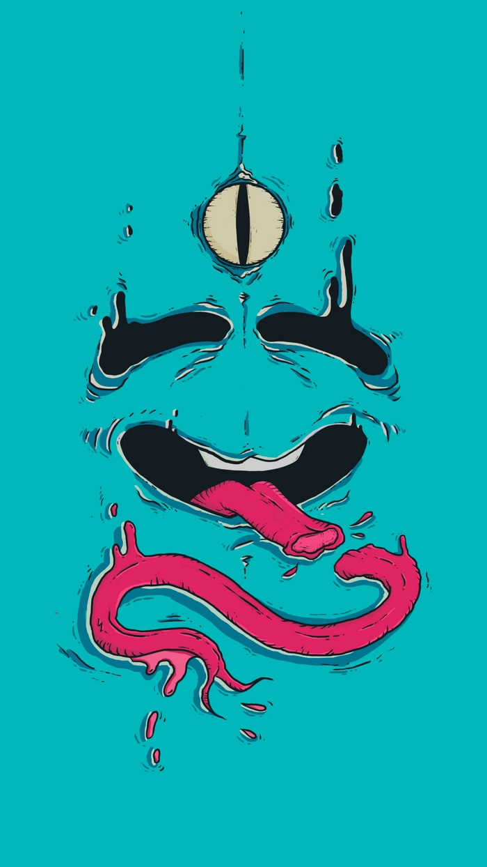 Abstract blue face with one eye and pink tongue