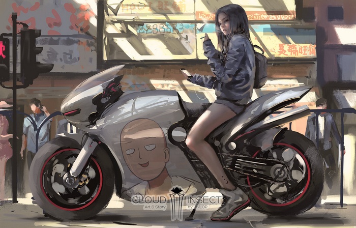 Girl on a motorcycle with Saitama from One-Punch Man