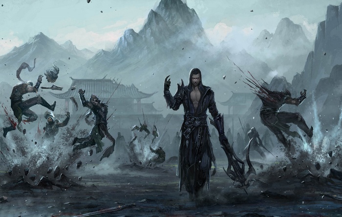 Fantasy warriors in a brutal battle scene
