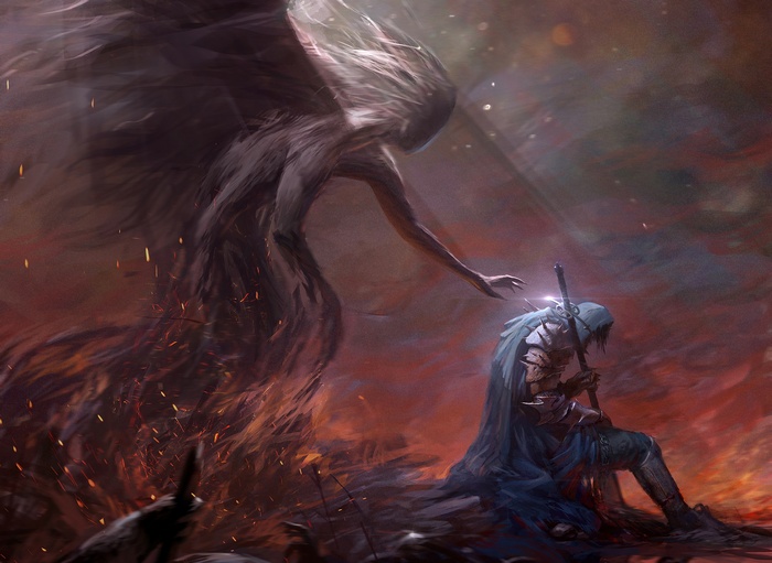 Angel reaching towards a kneeling warrior in a fiery landscape