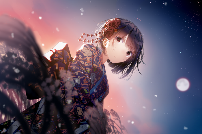 Girl in Kimono under a Starry Night Sky