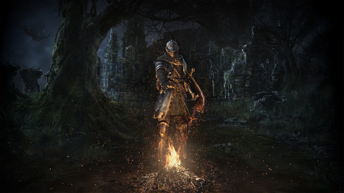 Knight standing by a bonfire in Dark Souls