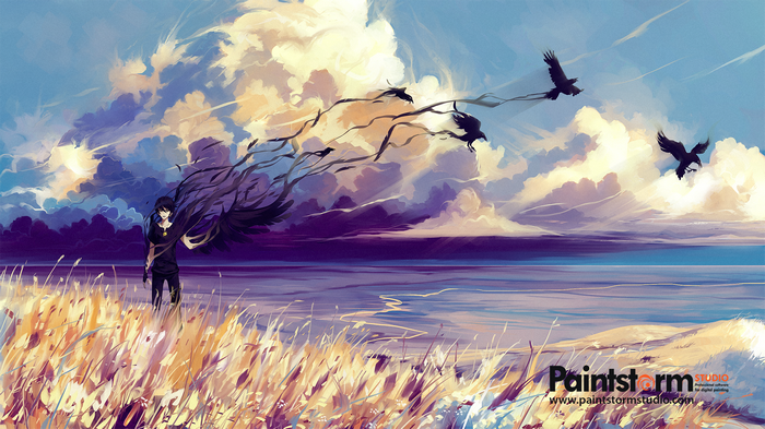 Fantasy art of a person with dark wings and crows flying
