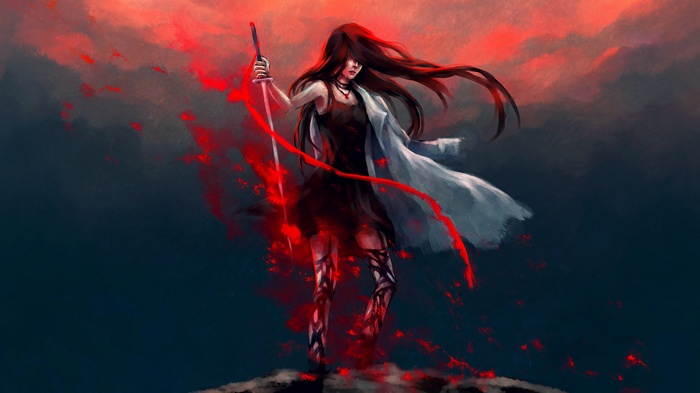 Redhead woman with katana and blood effects