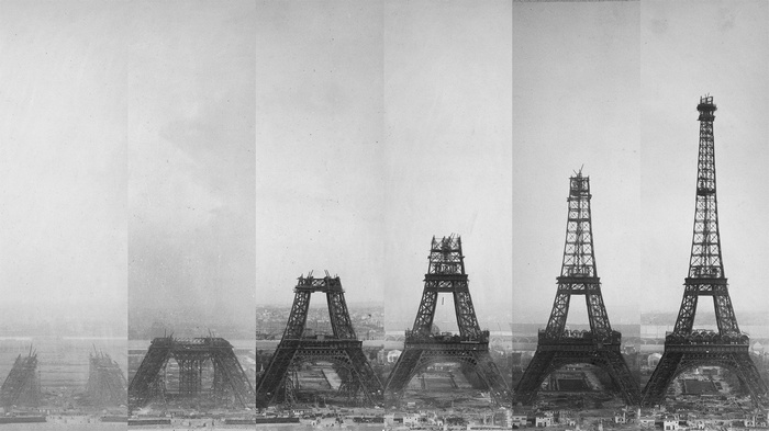 Collage of the Eiffel Tower construction stages