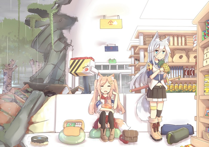 Anime girls with animal ears in a ruined store