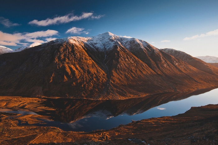Snow-capped mountain reflected in a lake at sunset