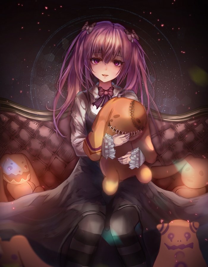 Anime girl with purple twintails holding a stuffed toy