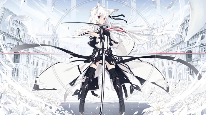 Anime girl with sword and white flowers
