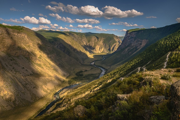 Valley in Altai Mountains with River and Clouds