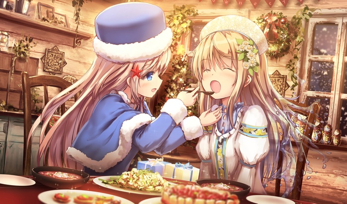 Anime girls in Russian attire sharing food