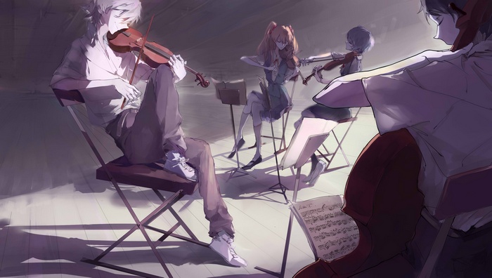 Neon Genesis Evangelion characters playing violins