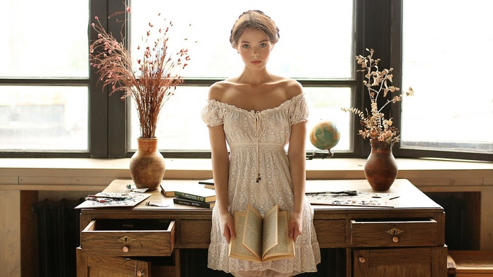 books, dress, women, model, Vyacheslav Scherbakov, bare shoulders