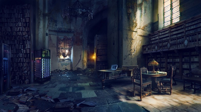Abandoned library with bookshelves, laptop, and server