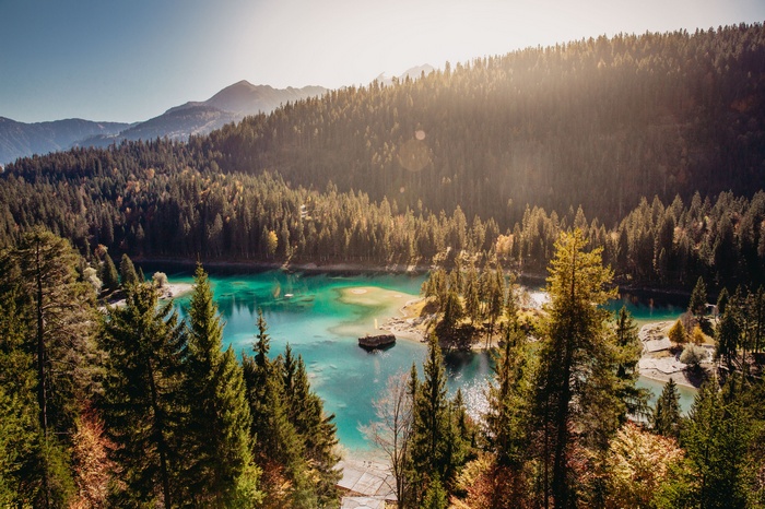 Turquoise lake surrounded by pine forest and mountains