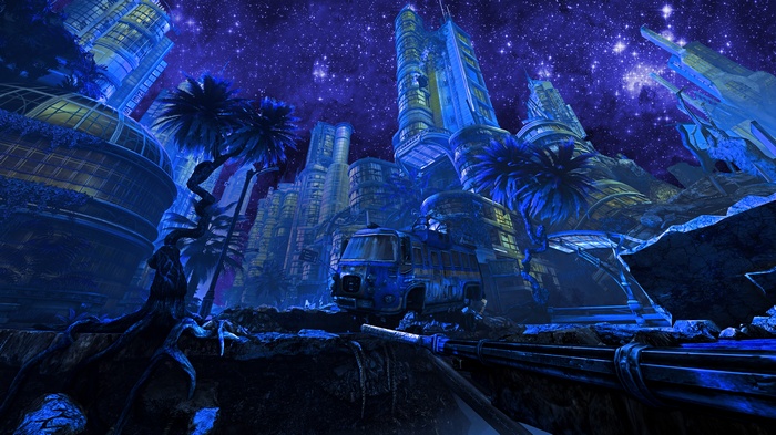 Futuristic Cityscape with Abandoned Bus Under Starry Sky