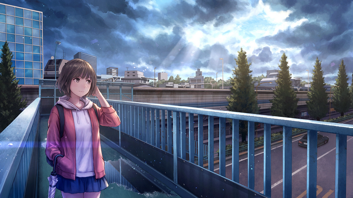 Anime girl with umbrella on a bridge in a city