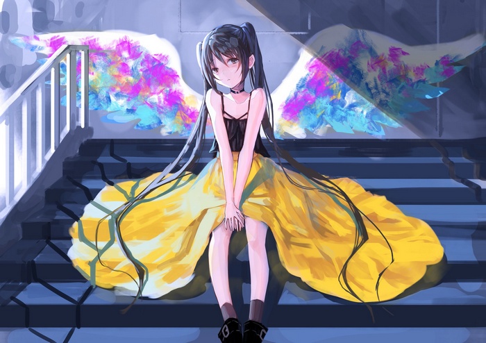 Anime girl with colorful wings sitting on stairs