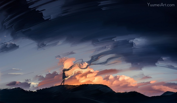 Woman with flowing hair against a sunset sky