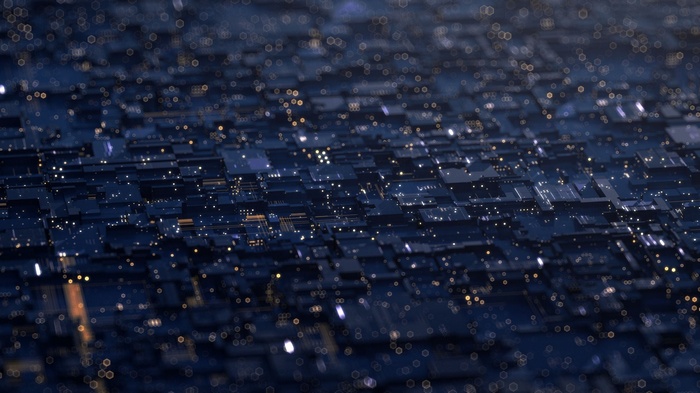 Abstract digital circuit board with bokeh lights