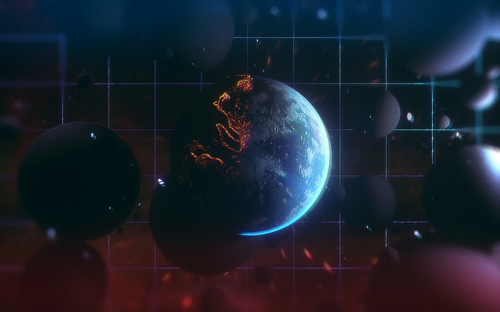 Abstract space with planets and grid