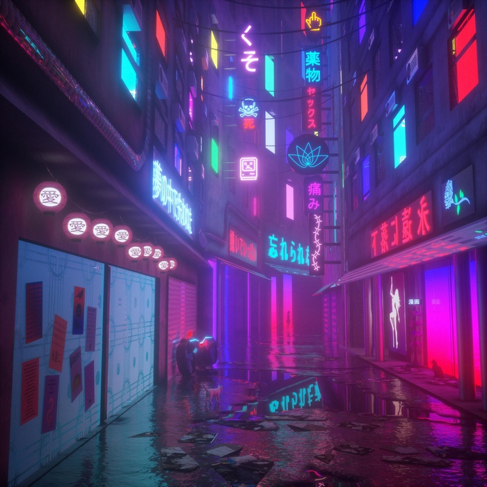 Cyberpunk alley with neon signs and reflections