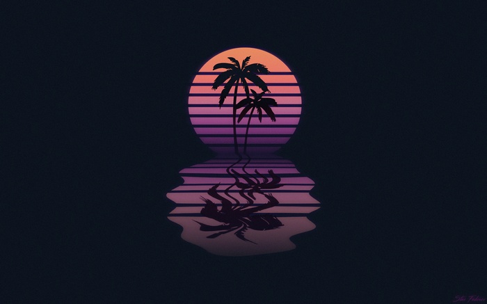 Palm trees silhouetted against a neon sunset over water