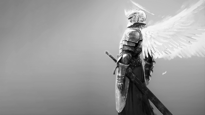 Monochrome angel knight with sword and halo