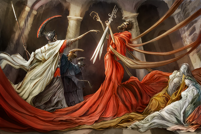 Skeleton warriors in Roman armor and robes with swords and spears