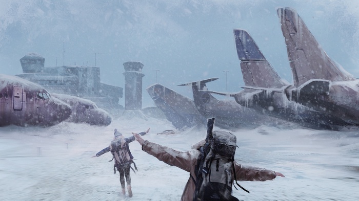 Two people in winter gear at a snowy, abandoned airport with wrecked planes.