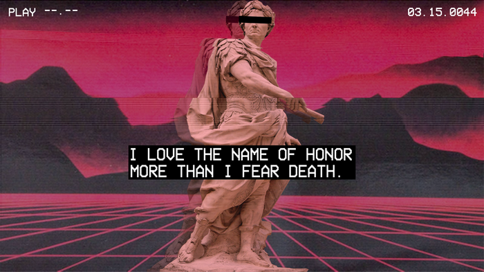 Statue with vaporwave background and quote