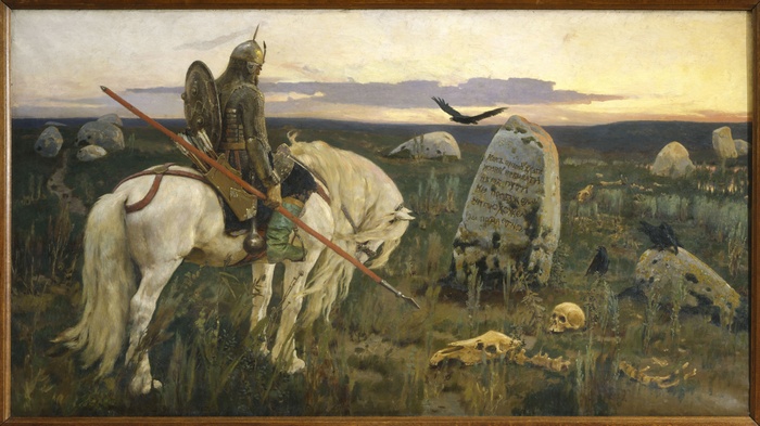 Warrior on horseback in a field of stones and crows
