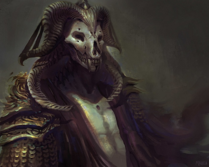 Demon with skull head and large horns