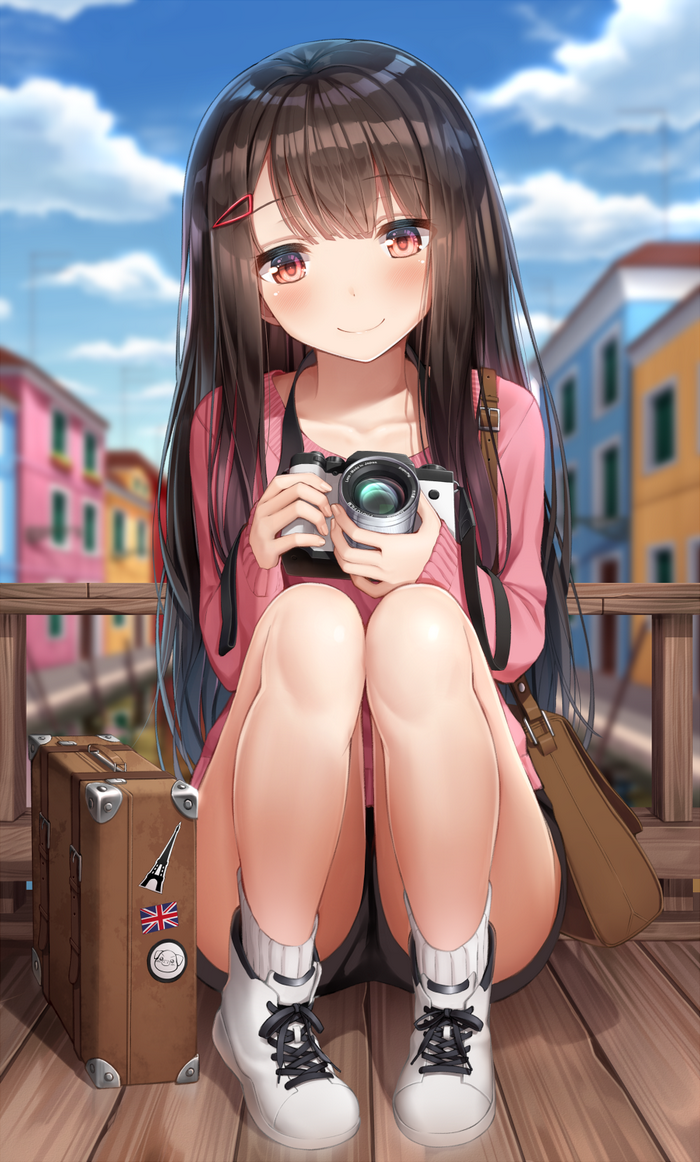 Anime girl with camera and suitcase in Venice