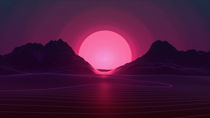 Retro wireframe landscape with neon sunset