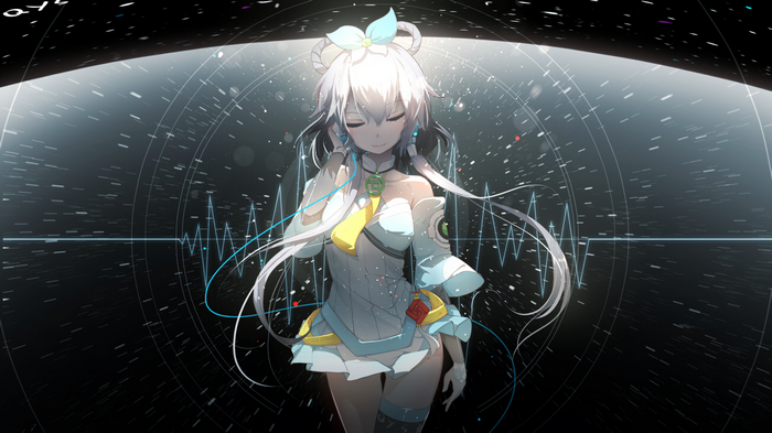 Anime girl with white hair wearing headphones and a futuristic outfit