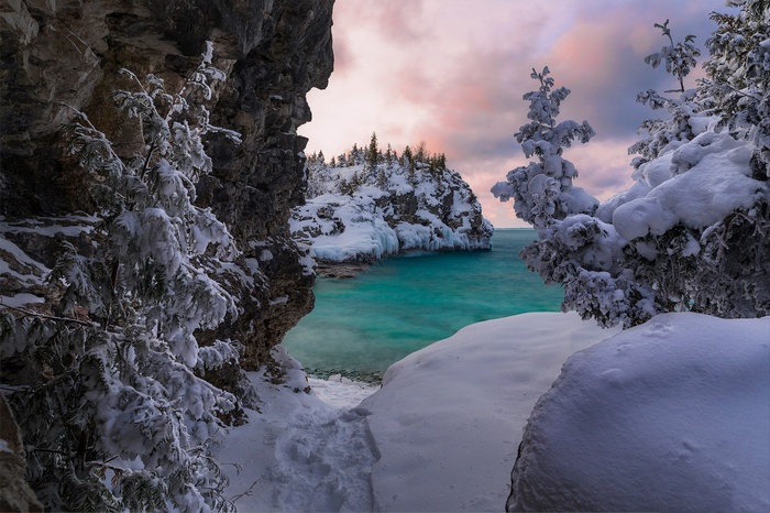 Winter scene with snow-covered trees and turquoise water