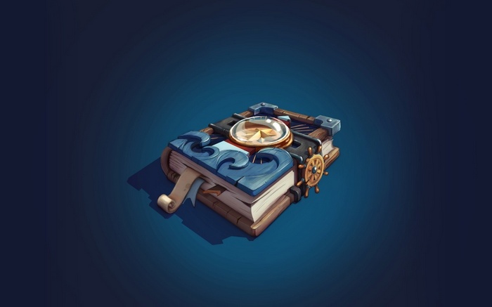 A magical nautical book with a compass and ship's wheel