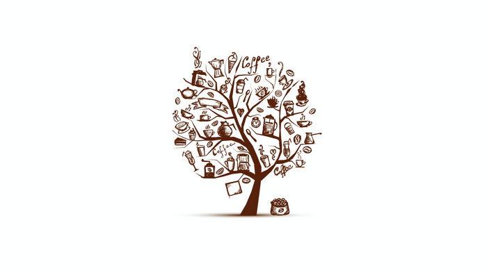 Coffee tree with coffee-related items