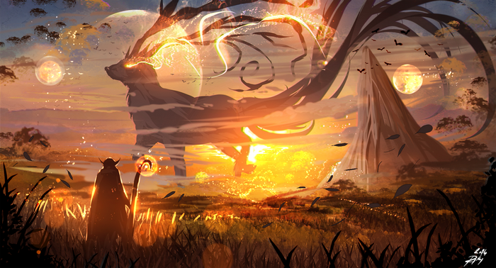 Fantasy landscape with a giant spirit animal and a robed figure