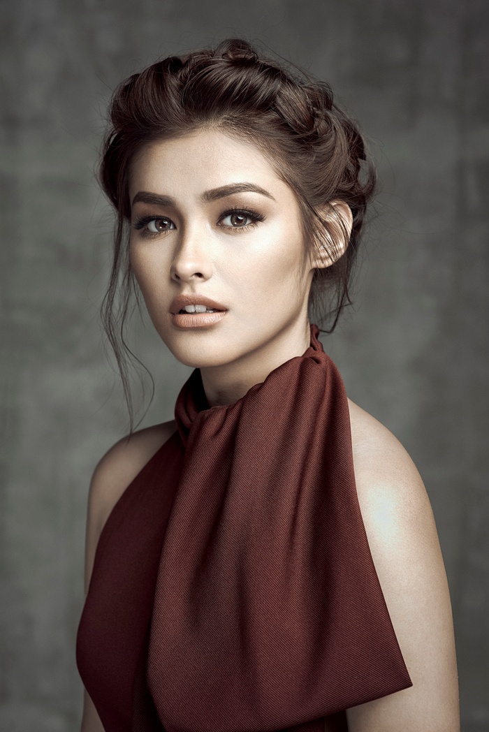 bare shoulders, Liza Soberano, dress, face, long hair, open mouth, brown eyes, portrait, model, portrait display, looking at viewer, brunette, women