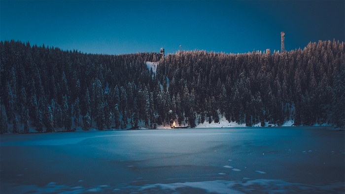 Frozen lake and snow-covered forest at night