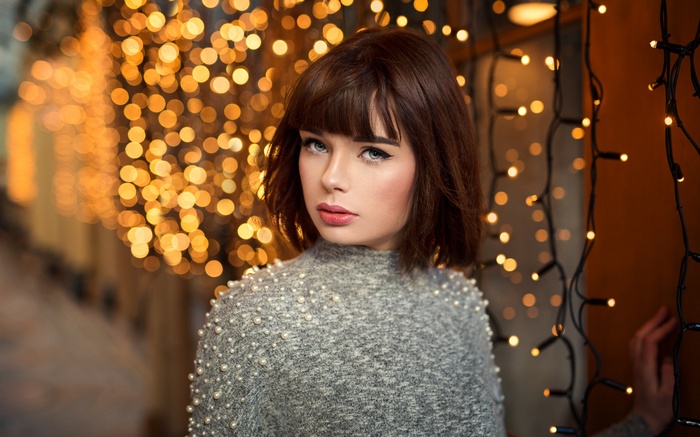 brunette, gray eyes, face, short hair, depth of field, Marie Grippon, women, sweater, portrait