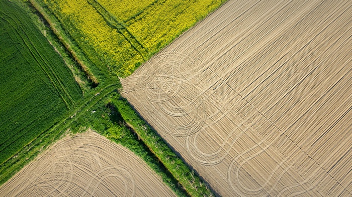 Aerial view of agricultural fields with crops and plowed land