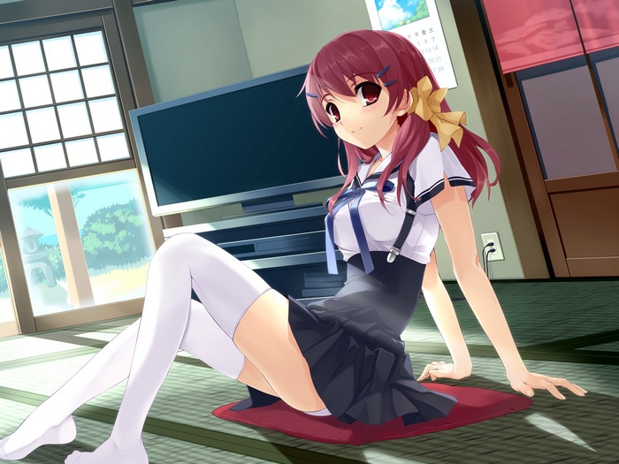 Anime girl in school uniform sitting indoors